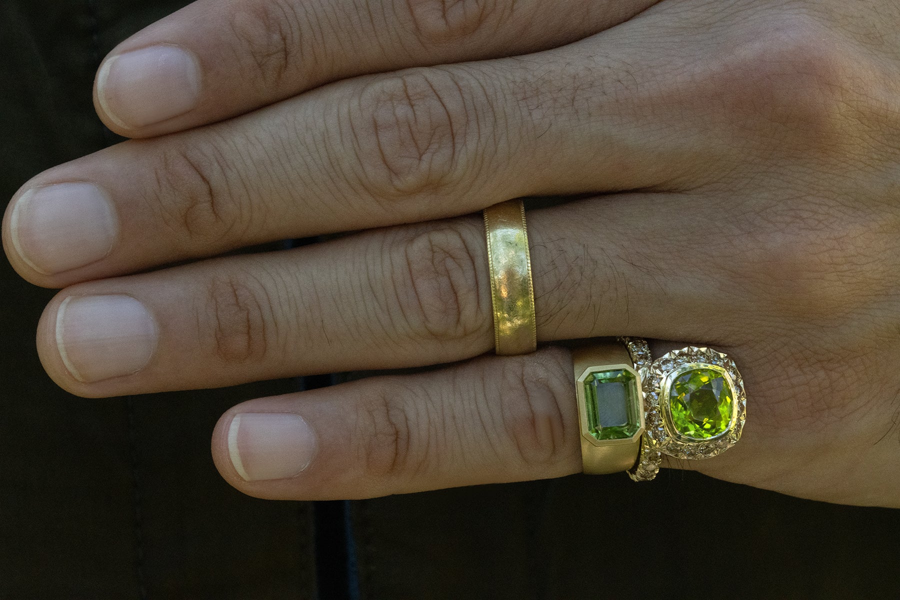 Peridot and Champagne Diamond Offset Ring