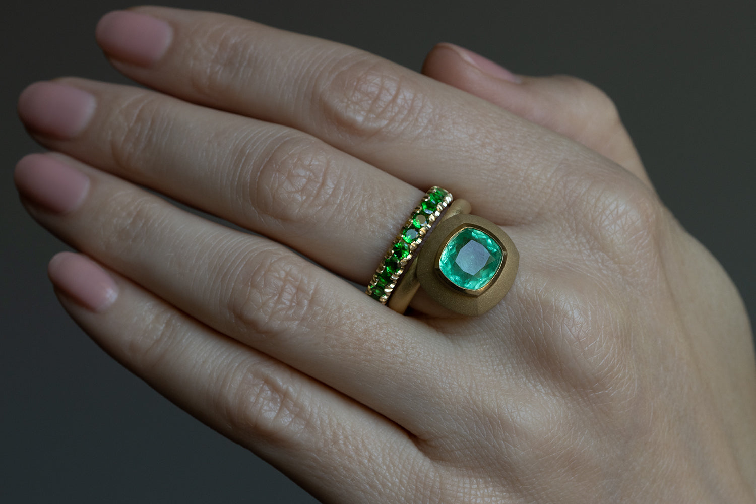 Offset Cushion Cut Colombian Emerald Ring