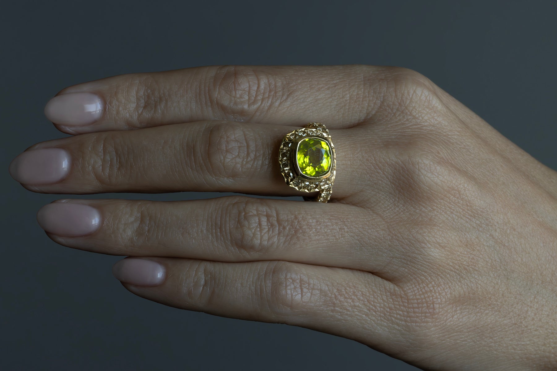 Peridot and Champagne Diamond Offset Ring