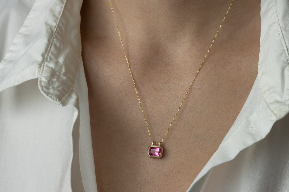 Radiant Cut Bright Pink Tourmaline Necklace