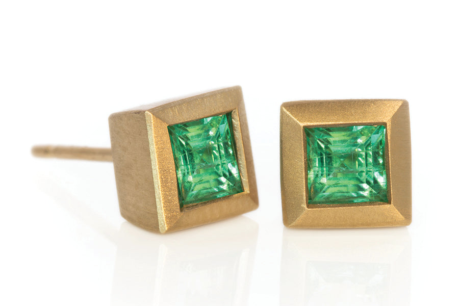 Princess Cut Emerald Studs